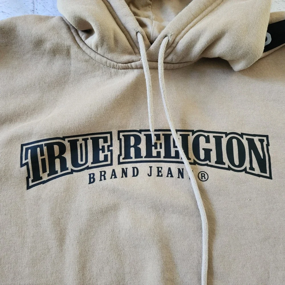 True Religion Men's XL Arch TR Taping Pull Hoodie Tan Beige Logo Tape 54937-00